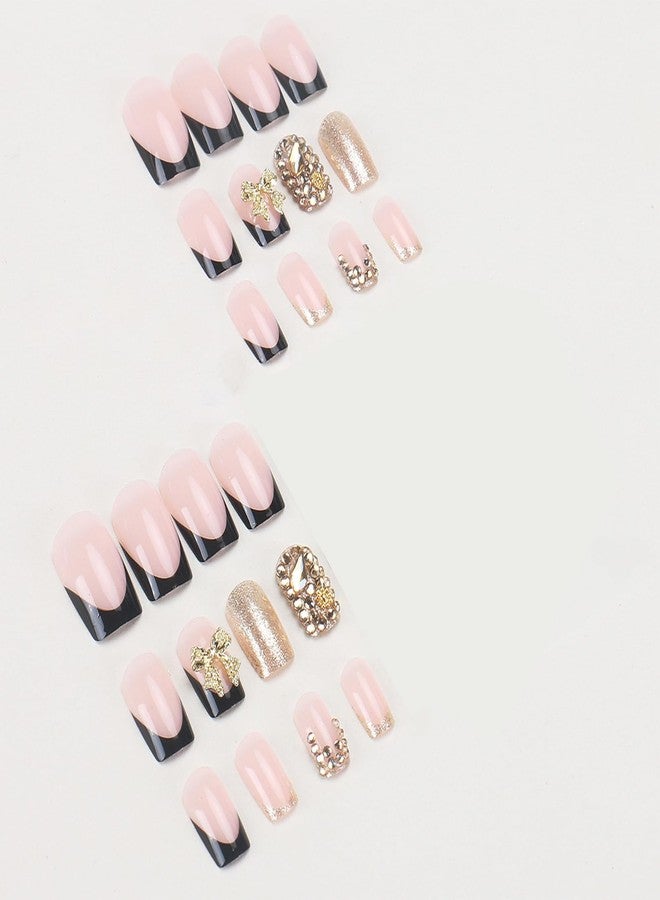 SINHOT Square Press on Nails Medium - Black French Tip Fake Nails Glossy Glue on Nails 3D Gold Bowknot Acrylic Nail Luxury Rhinestones Squoval Artificial Nail Stick on False Nail with Design 24pcs - Image 4